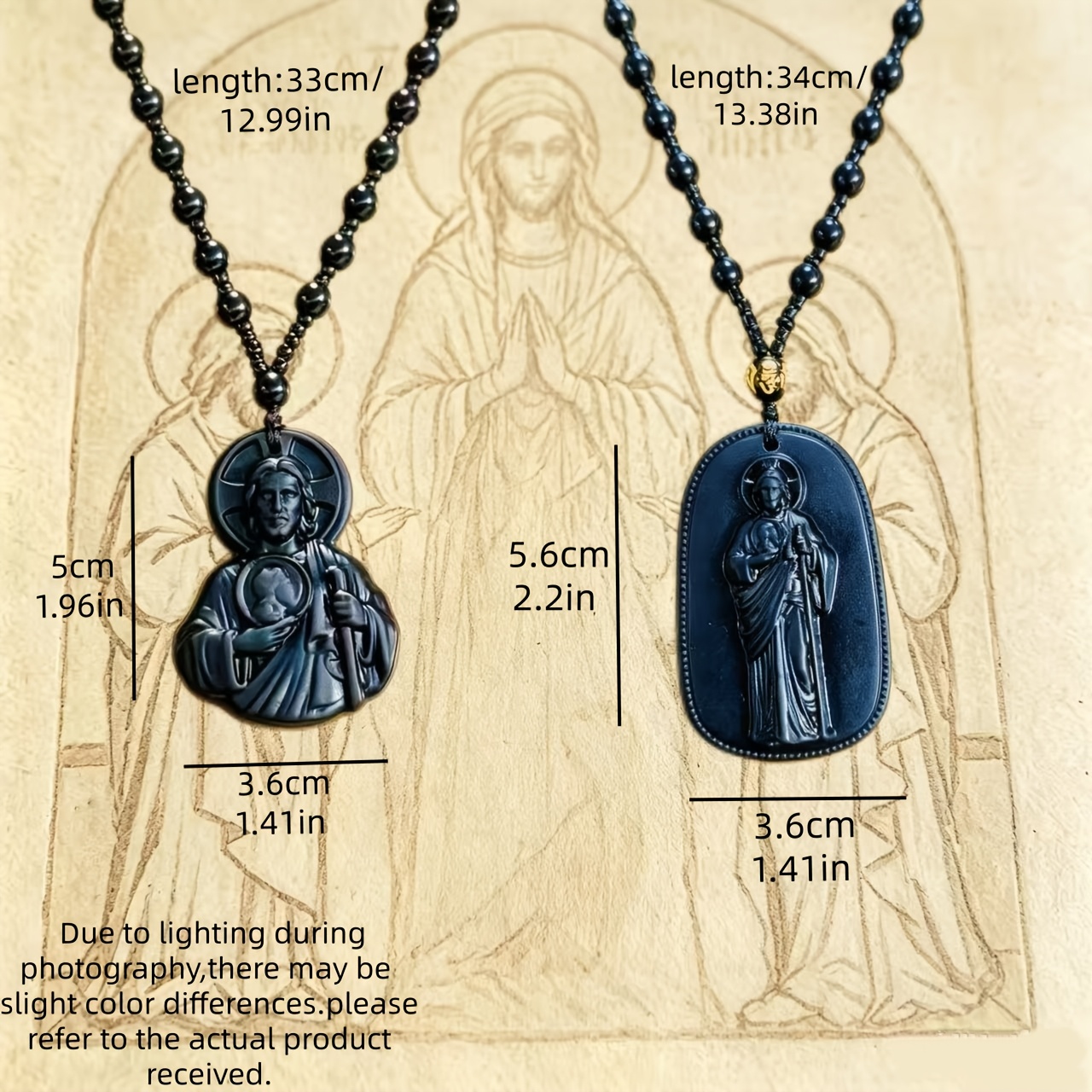 2pc Vintage Black Beaded 3D Embossed Icon Pendant Necklace Set